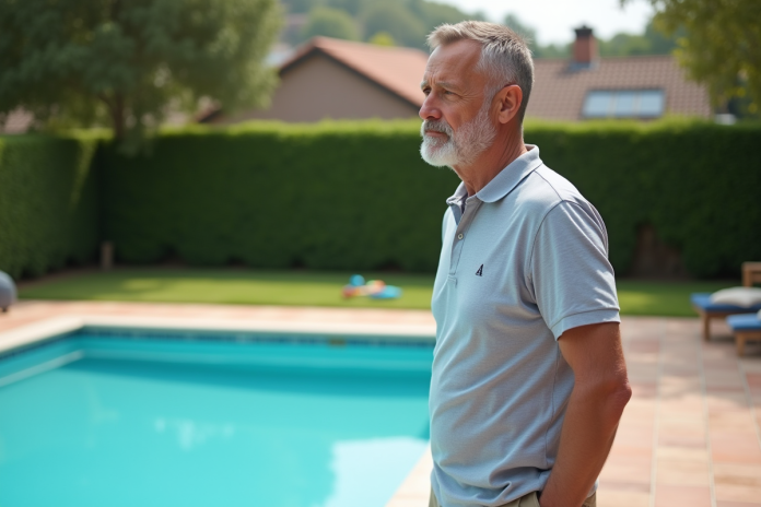 homme-piscine-jardin-ete Homme d'âge moyen près d'une piscine privée en été