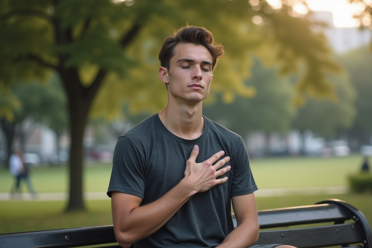 Jeune homme pratiquant la respiration en plein air