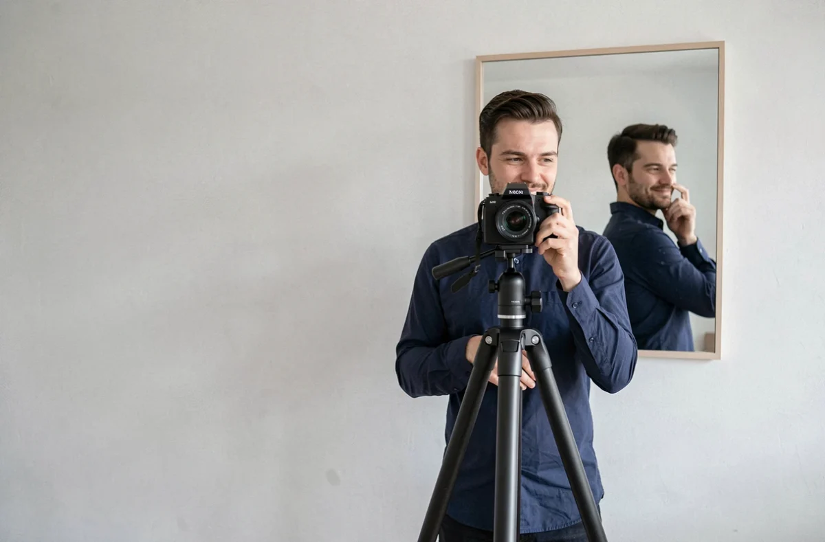 Homme préparant une photo de profil professionnelle pour WhatsApp avec un trépied dans un appartement minimaliste