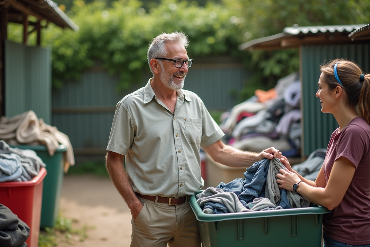 Homme dépose un sac de vêtements recyclés dans un centre textile