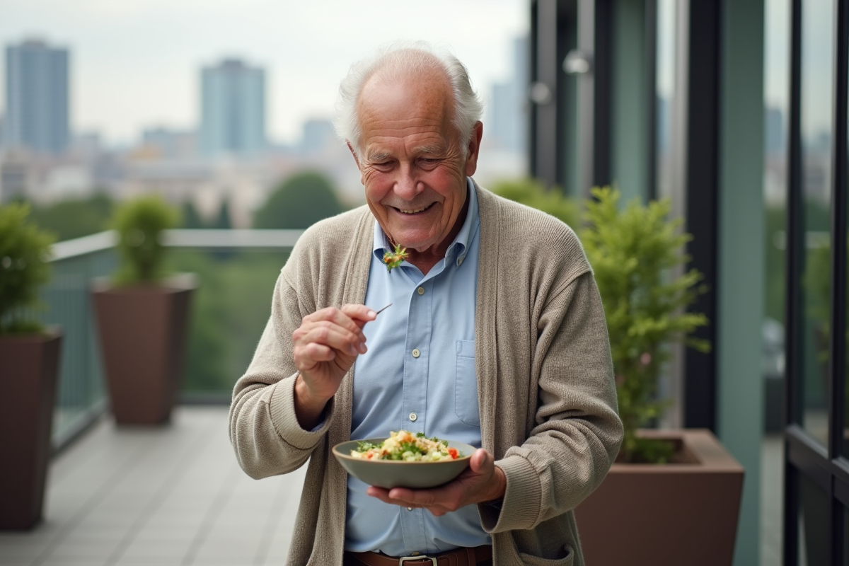 Homme âgé dégustant une salade en terrasse urbaine