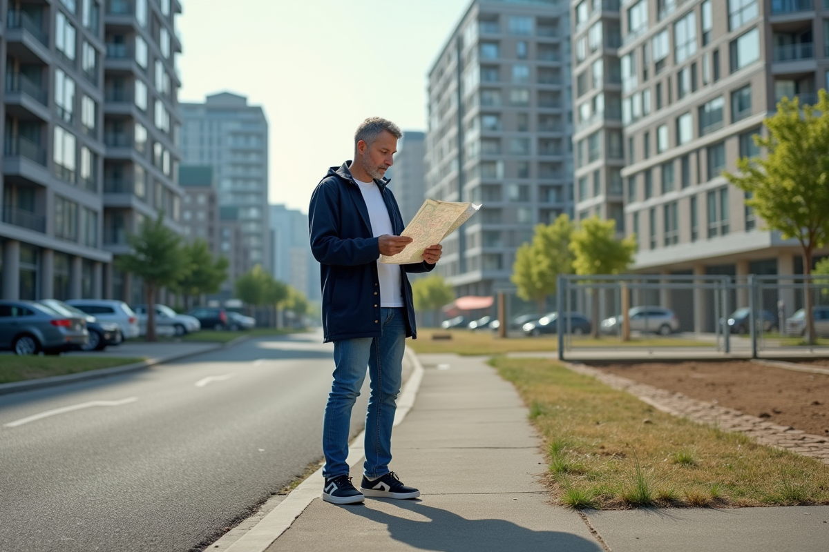 Homme d'âge moyen regardant une carte urbaine dans un lot vacant