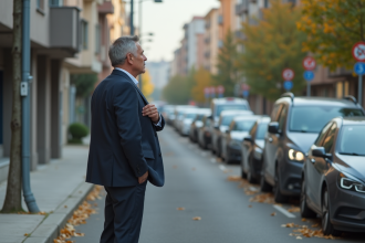 Homme d'âge moyen regardant des voitures avec vignettes anciennes