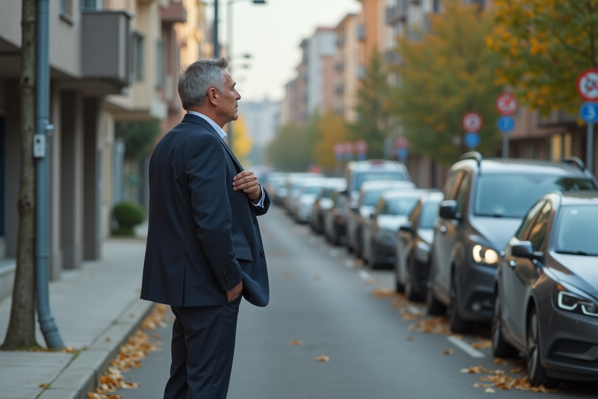 Homme d'âge moyen regardant des voitures avec vignettes anciennes