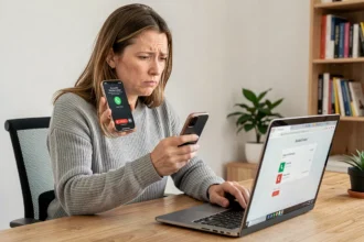Femme tenant un smartphone affichant un numéro de téléphone inconnu, recherchant l'identité de l'appelant sur un ordinateur portable