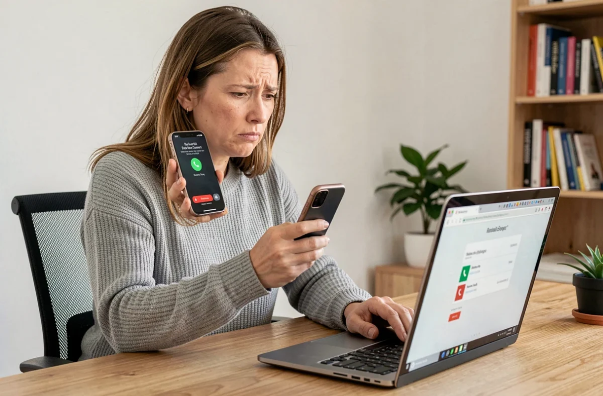Femme tenant un smartphone affichant un numéro de téléphone inconnu, recherchant l'identité de l'appelant sur un ordinateur portable