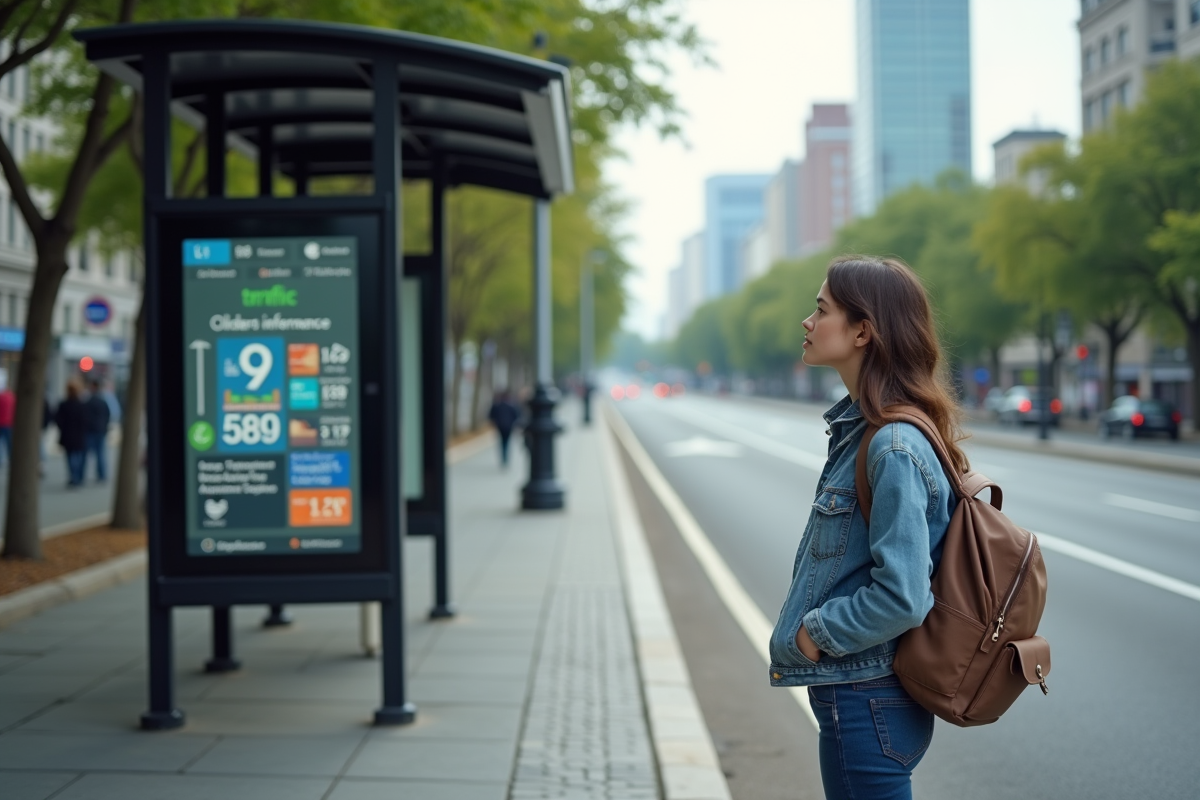 Jeune femme attendant à un arrêt de bus urbain moderne