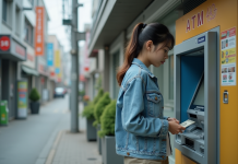 Retirer sans frais au Japon : astuces et bons plans pour économiser Jeune femme à un distributeur automatique à Tokyo