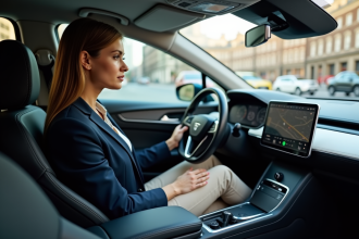 Jeune femme confiante dans une voiture autonome en ville