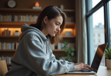 Cybersécurité : Apprendre en combien de temps ? Jeune femme concentrée sur son ordinateur dans un espace cosy