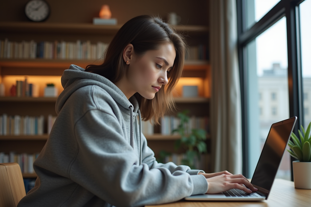 Jeune femme concentrée sur son ordinateur dans un espace cosy