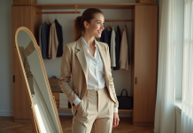 Bien habillé : comment savoir si votre tenue est réussie ? Jeune femme élégante en blazer beige dans une chambre lumineuse