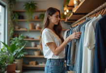 Durabilité dans l’industrie du vêtement : signification et enjeux pour l’avenir Jeune femme examine des vêtements durables dans une boutique écologique