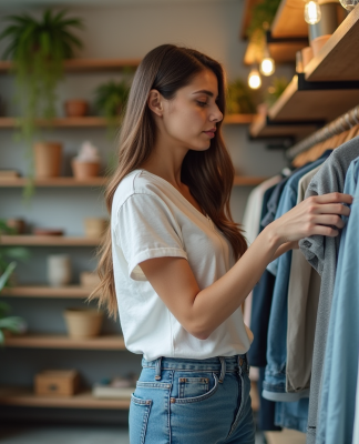 Jeune femme examine des vêtements durables dans une boutique écologique