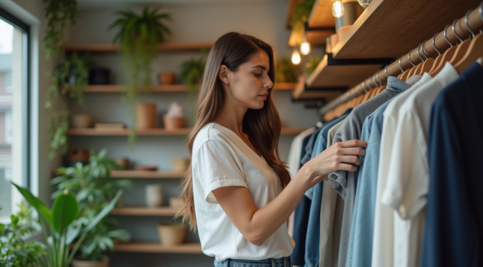 Jeune femme examine des vêtements durables dans une boutique écologique