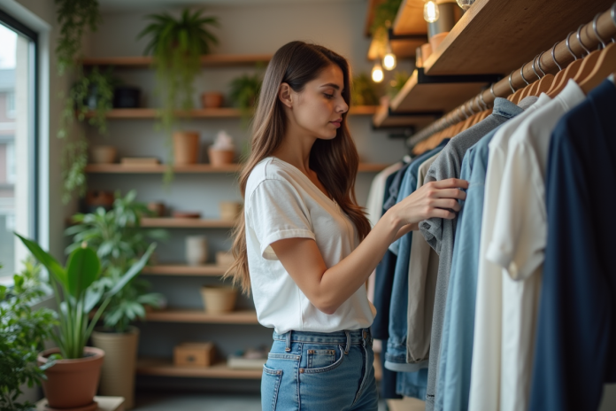 jeune-femme-vetements-soutenables Jeune femme examine des vêtements durables dans une boutique écologique