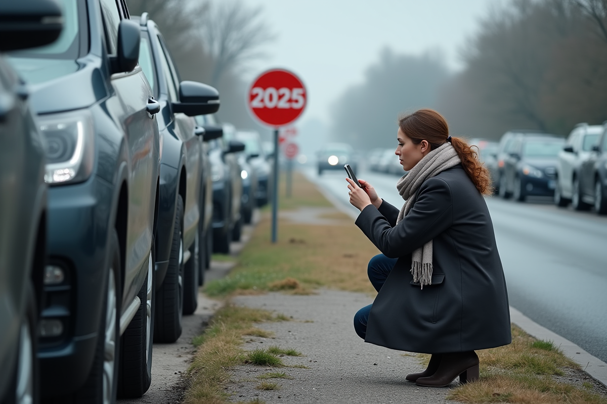Jeune femme photographiant des voitures avec panneau 2025