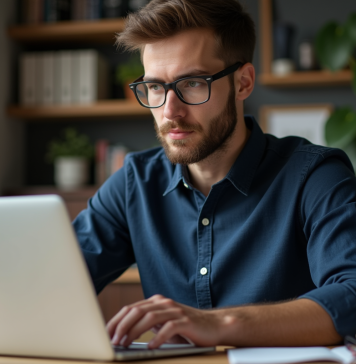 Jeune homme en bureau moderne travaillant sur son ordinateur
