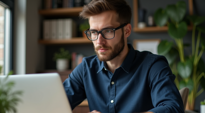 Jeune homme en bureau moderne travaillant sur son ordinateur