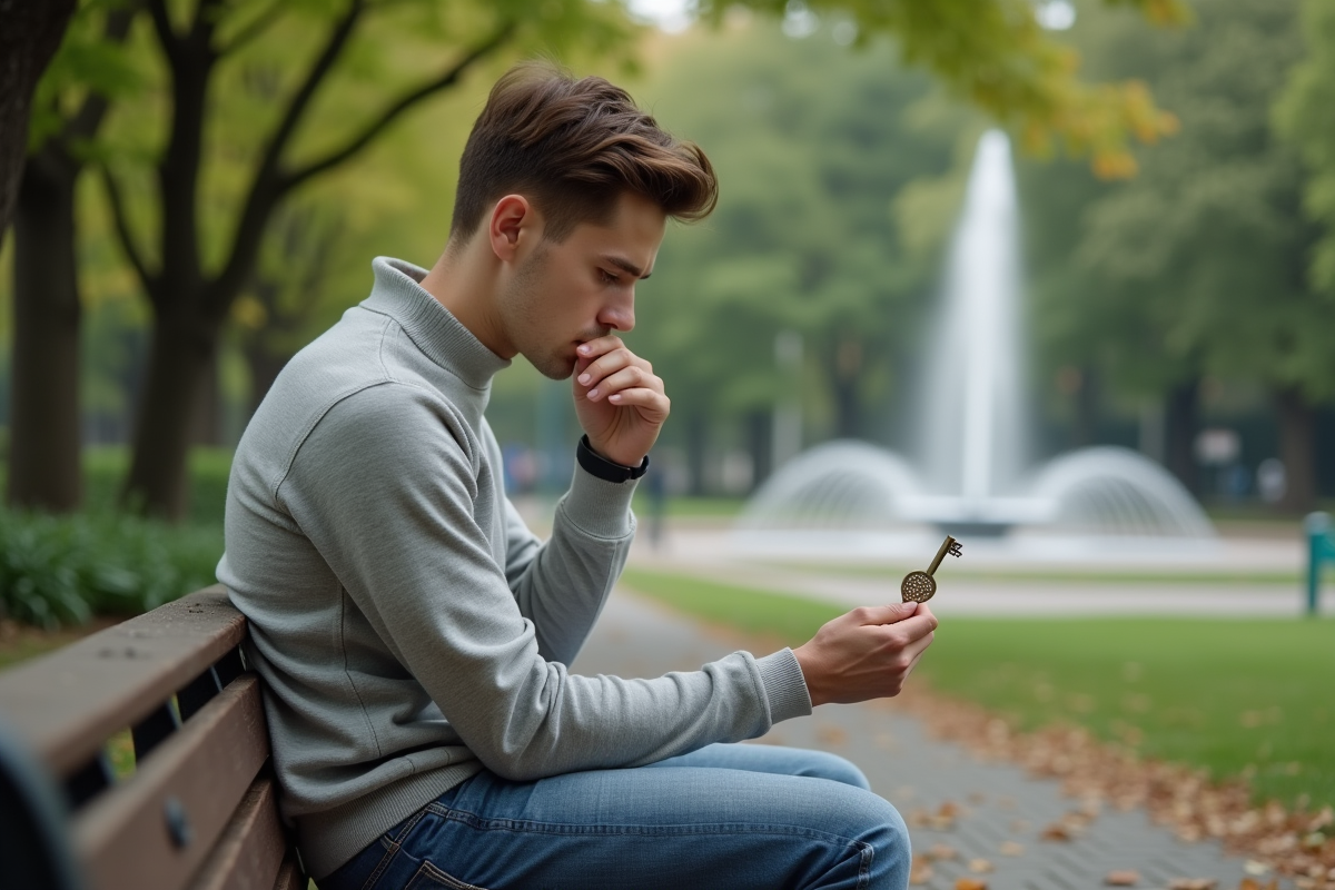 Jeune homme examine une clé dans un parc tranquille