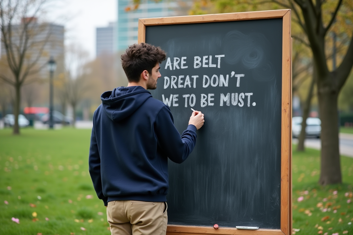 Jeune homme écrivant une phrase inspirante au tableau public