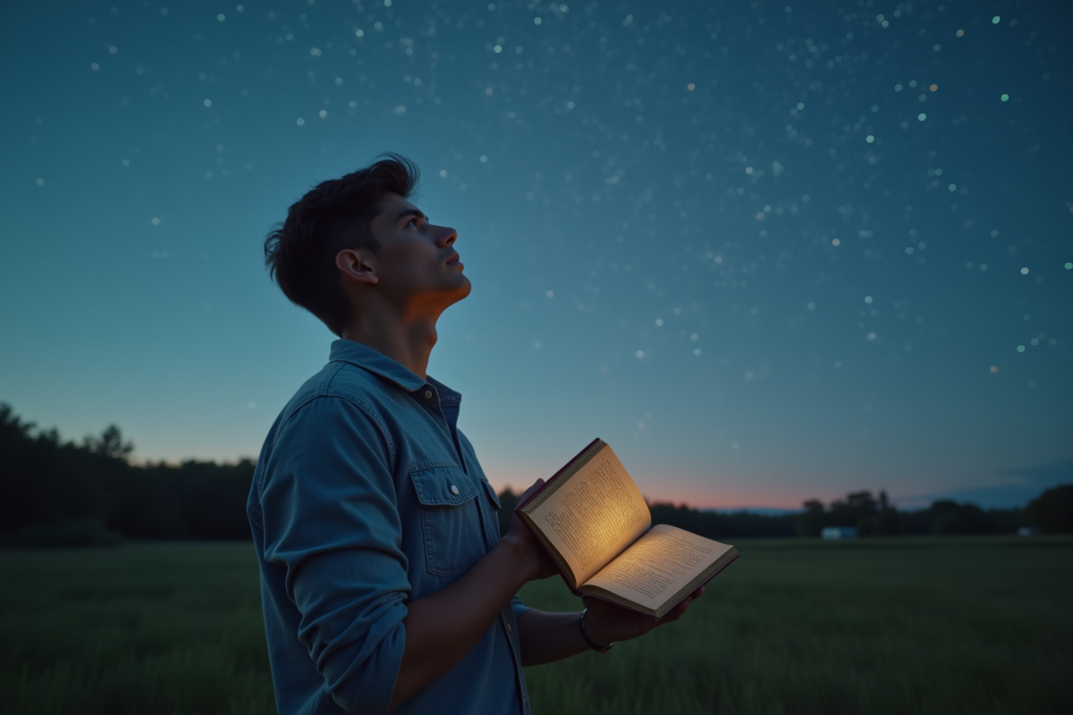 Jeune homme regardant le ciel étoilé avec un livre d
