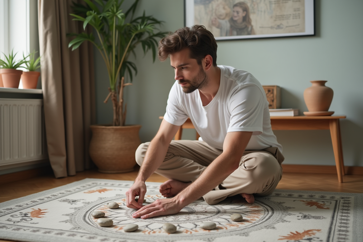 Jeune homme arrangeant des pierres dans un tapis de salon
