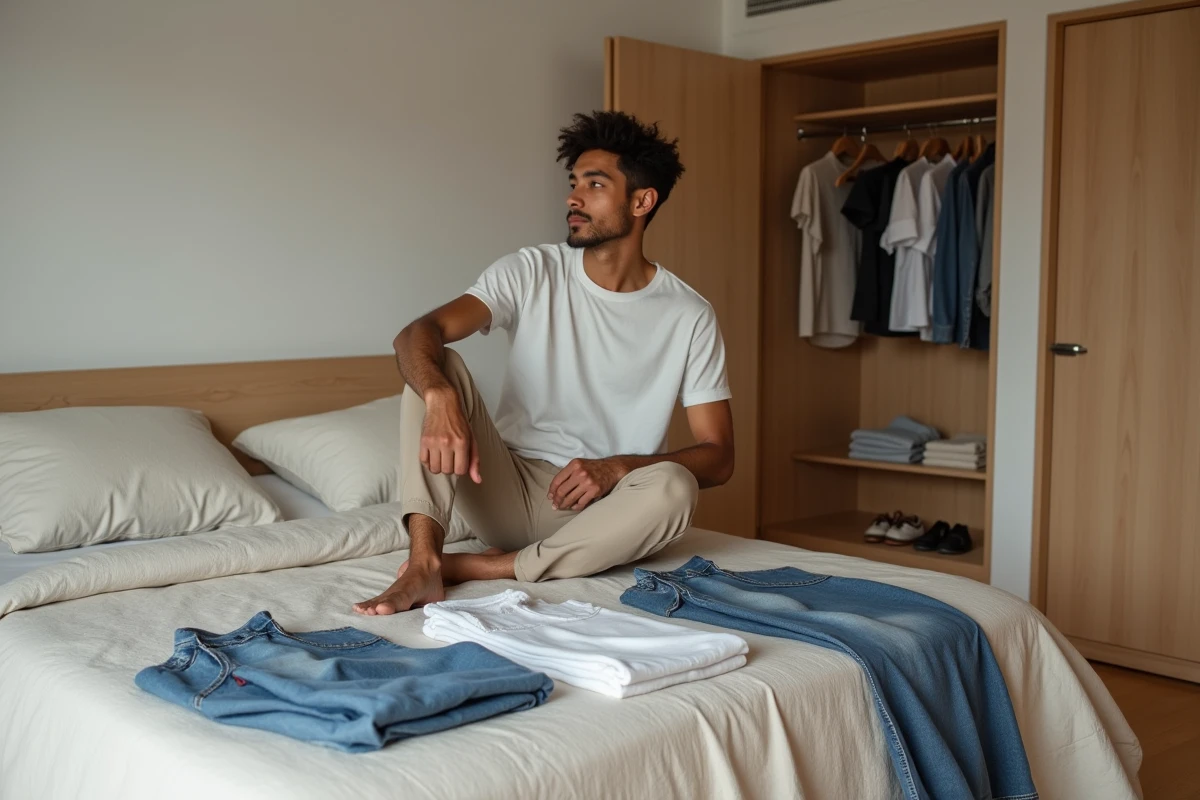 Jeune homme vérifiant sa capsule wardrobe dans la chambre