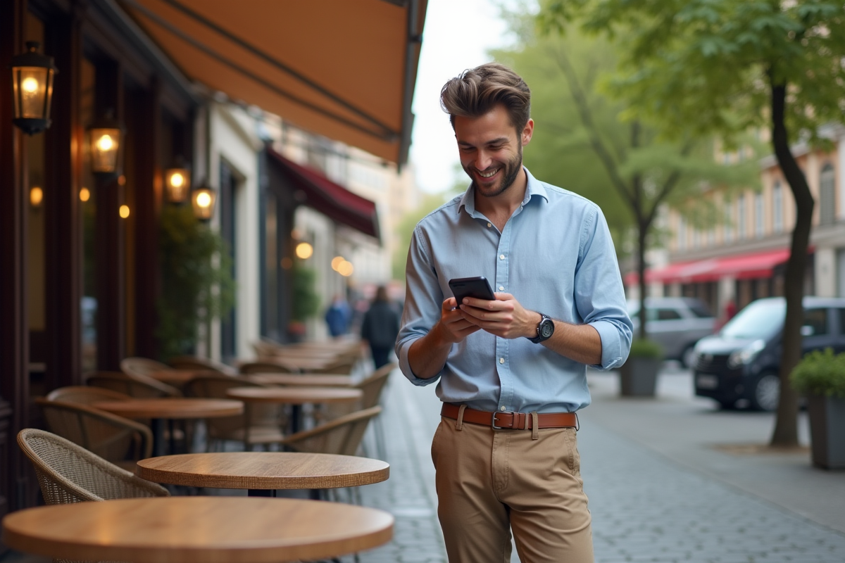 Jeune homme scannant un QR code en extérieur