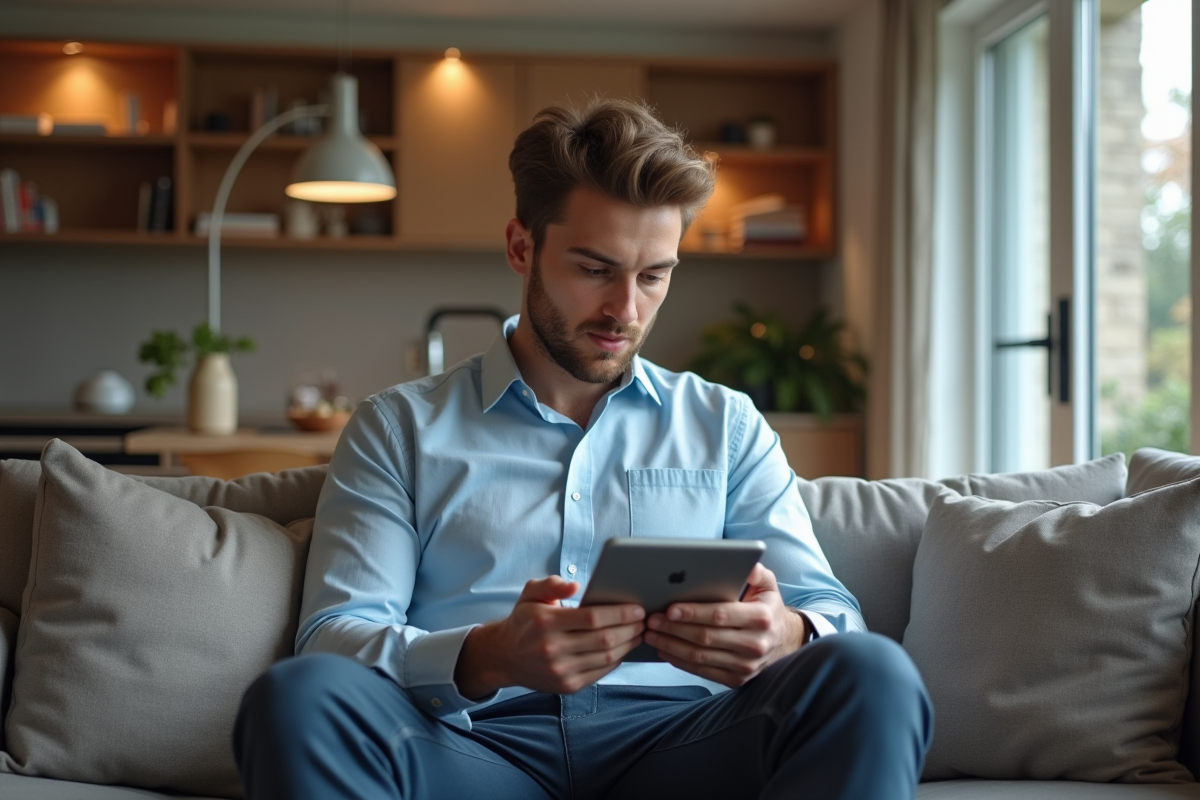 Jeune homme vérifiant une tablette dans un salon moderne et lumineux