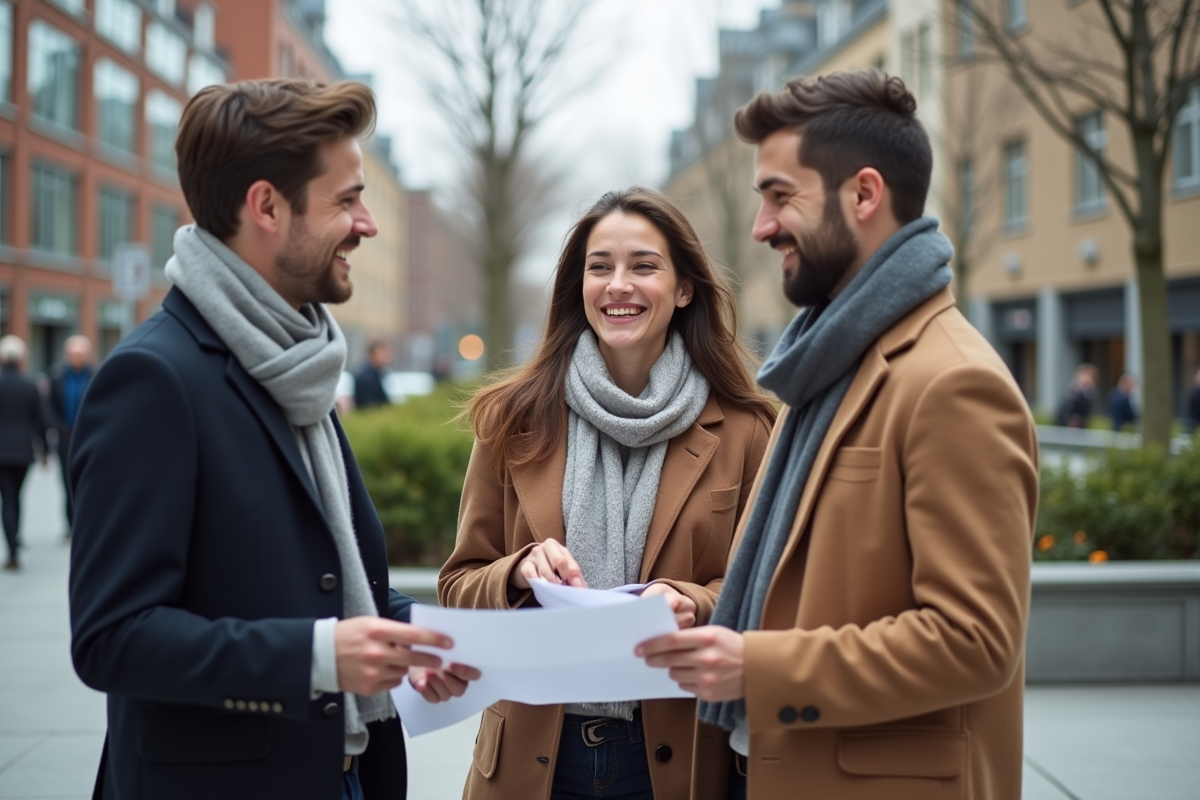 Trois jeunes professionnels riant en extérieur en ville