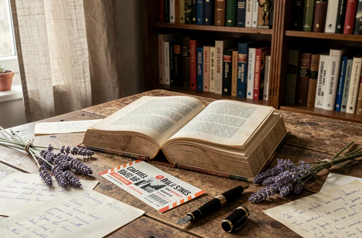 Livre vintage et ticket de cinéma côte à côte sur un bureau en bois, symbolisant les différences entre le roman et l'adaptation cinématographique de La liste de mes envies