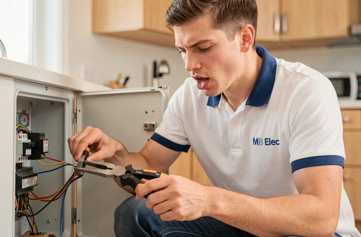 Technicien de MB Elec travaillant sur un tableau électrique dans une cuisine moderne dans l'Yonne