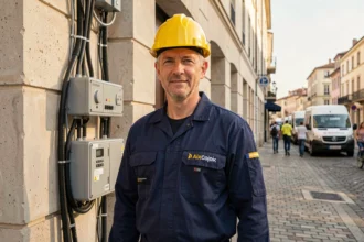 Électricien professionnel en tenue de travail devant un bâtiment moderne à Aix-en-Provence