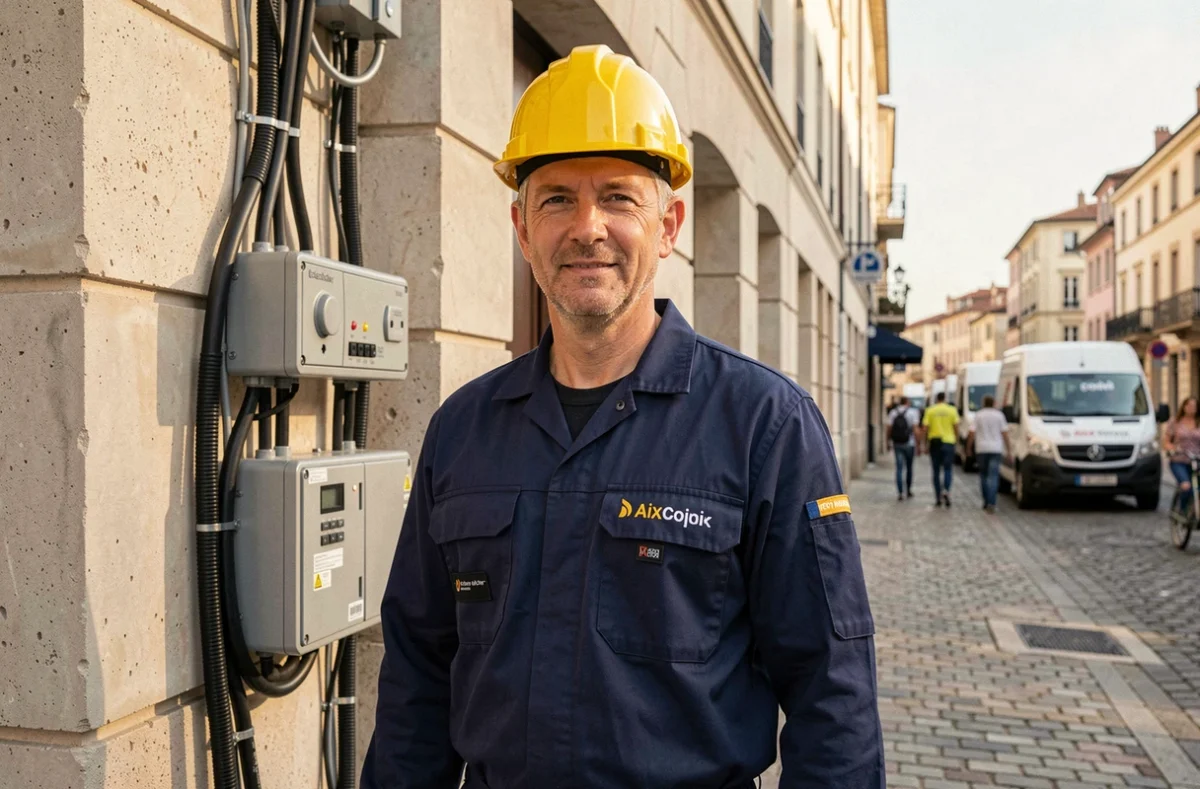 Électricien professionnel en tenue de travail devant un bâtiment moderne à Aix-en-Provence
