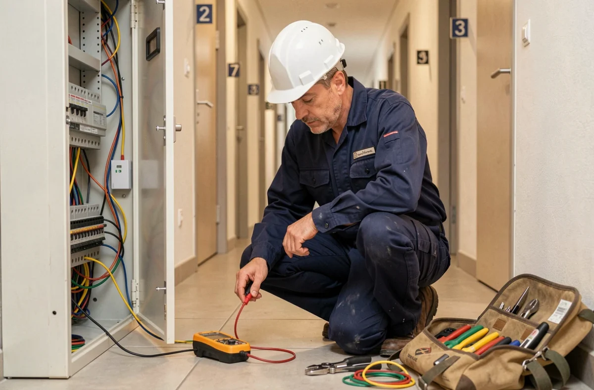 Un électricien professionnel inspecte un tableau électrique dans un couloir d'immeuble résidentiel dans l'Yonne