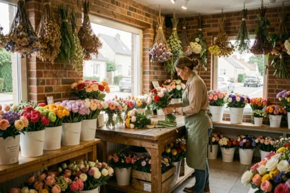 Vue d'ensemble d'un fleuriste en Essonne avec des bouquets colorés et une fleuriste en tablier vert arrangeant des fleurs