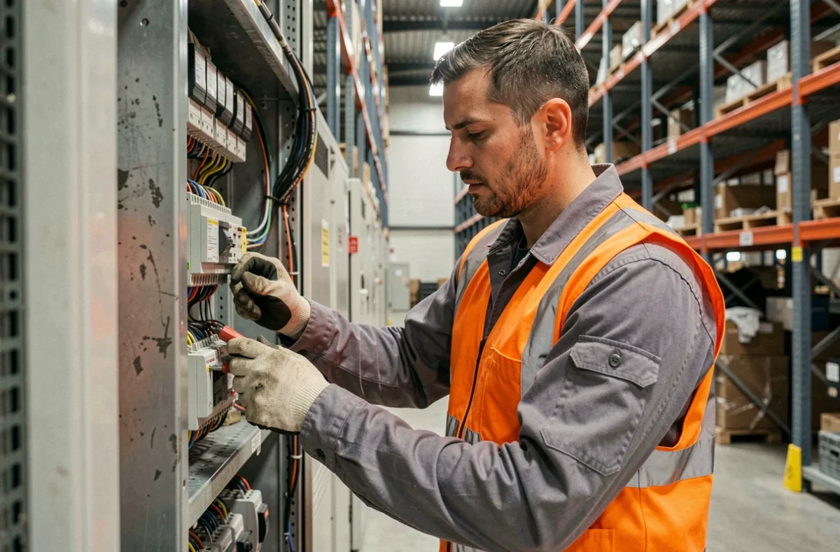 Technicien Ortec inspectant un tableau électrique industriel dans une usine