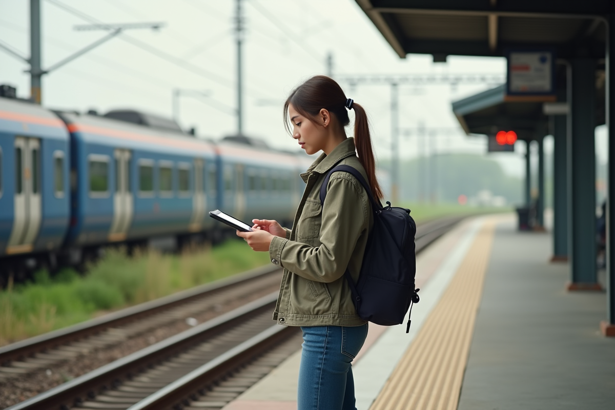Jeune femme attendant un TGV sur plateforme rurale