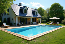 Piscine hors sol dans un jardin français en été avec terrasse