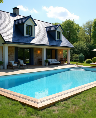 Piscine hors sol dans un jardin français en été avec terrasse