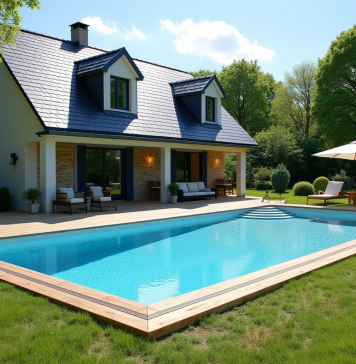 Piscines hors sol : législation, règles, conformité en France Piscine hors sol dans un jardin français en été avec terrasse