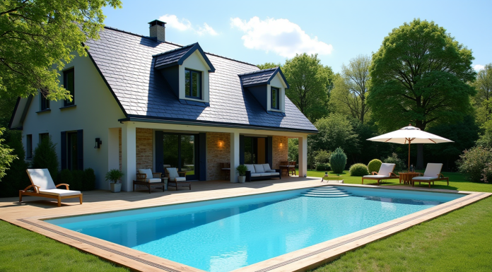 Piscine hors sol dans un jardin français en été avec terrasse