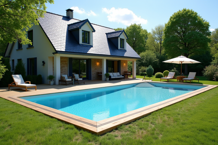 piscine-exterieure-jardin-france Piscine hors sol dans un jardin français en été avec terrasse