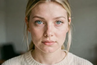 Portrait en gros plan d'une femme aux yeux bleus clairs, illustrant la couleur des yeux bleue et sa prévalence dans la population mondiale