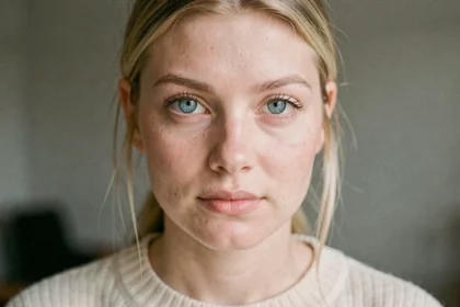 Portrait en gros plan d'une femme aux yeux bleus clairs, illustrant la couleur des yeux bleue et sa prévalence dans la population mondiale