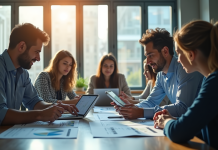 Groupe de professionnels analysant des graphiques en bureau lumineux