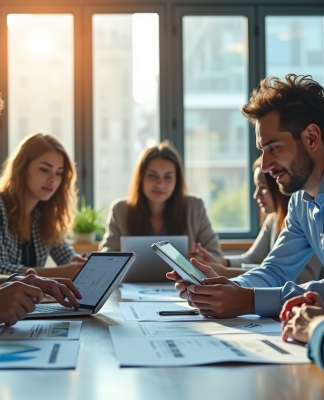 Groupe de professionnels analysant des graphiques en bureau lumineux