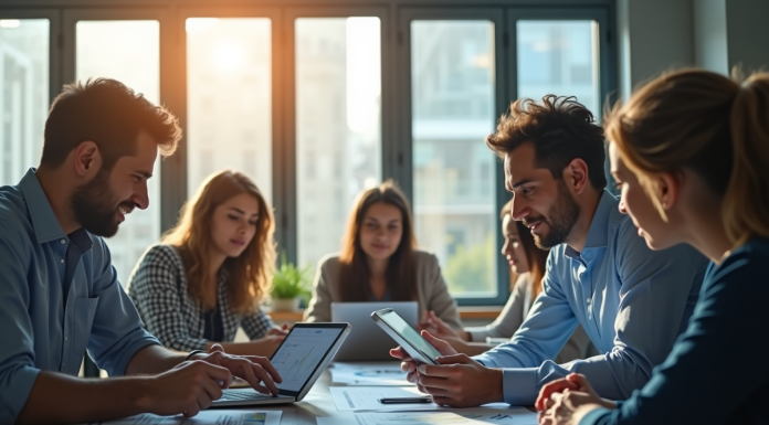 Groupe de professionnels analysant des graphiques en bureau lumineux