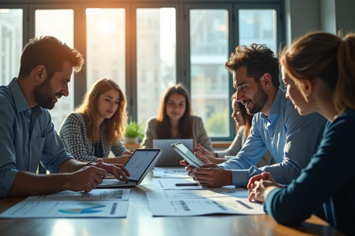 professionnels-analyse-charts Groupe de professionnels analysant des graphiques en bureau lumineux